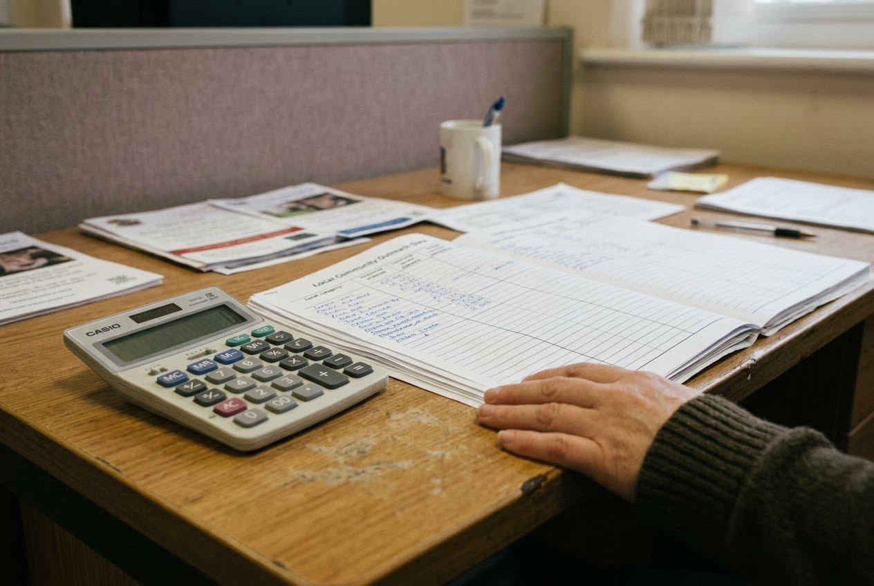 AI_IMAGE: A simple desk calculator and a spread of ruled columned sheets on a wooden table, a hand resting at the edge of the paper, shot from a low three-quarter angle in even indoor light. | document card image in a three-column grid of downloadable files | photorealistic | card-landscape
