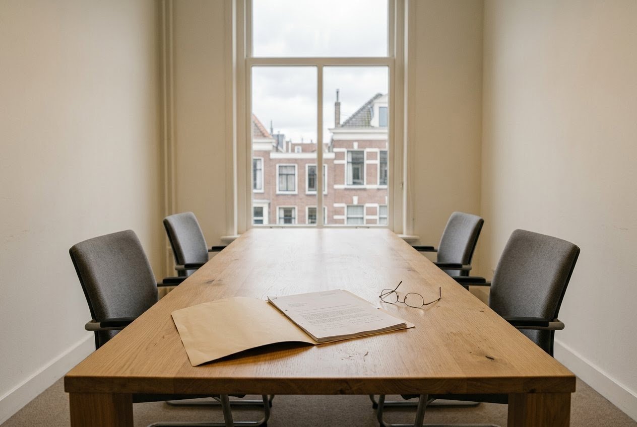 AI_IMAGE: An open document folder and a pair of reading glasses on a meeting table with four empty chairs around it, seen from one end of the table in a bare room with a tall window. | document card image in a three-column grid of downloadable files | photorealistic | card-landscape