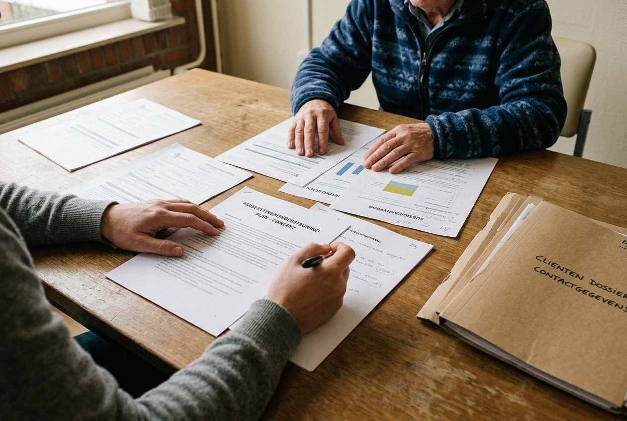 AI_IMAGE: Two pairs of hands resting over a spread of printed paperwork on a plain wooden desk, a ballpoint pen held mid-sentence and a stack of cardboard folders pushed to one side, seen from a slightly raised seated vantage with the desktop filling the lower frame. | contained editorial photograph beside an introductory text column on a downloads page | photorealistic | landscape