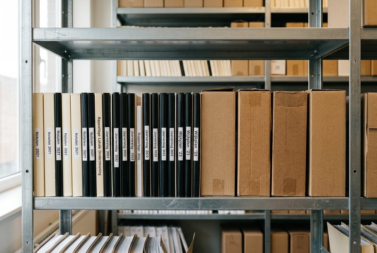 AI_IMAGE: A row of bound reports and labelless cardboard archive boxes on a metal office shelf, photographed straight on at eye level in flat daylight from a nearby window. | document card image in a three-column grid of downloadable files | photorealistic | card-landscape