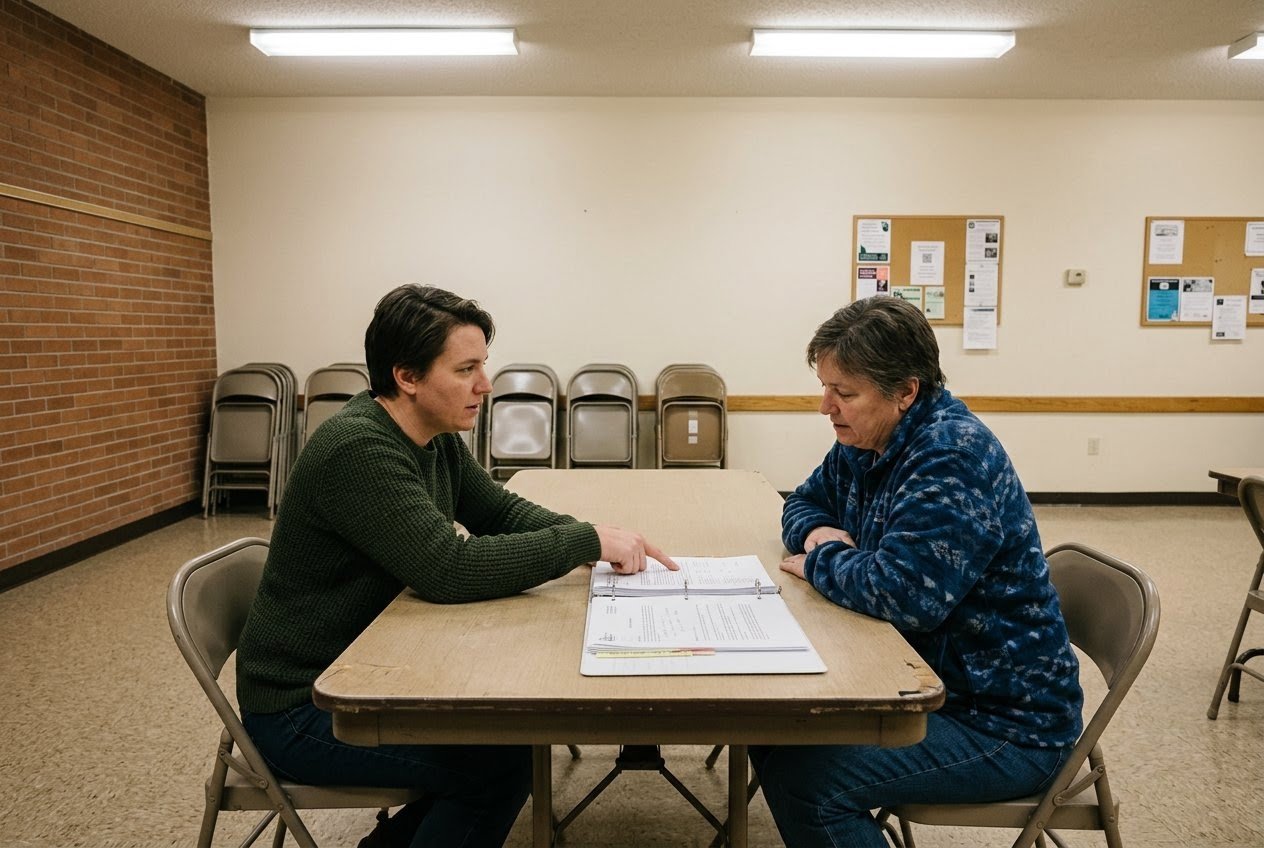 AI_IMAGE: Two people sitting across a formica table in a plain community-centre room under fluorescent ceiling light, one pointing at an open ring binder between them, folding chairs stacked against the wall behind. | document card image in a three-column grid of downloadable files | photorealistic | card-landscape