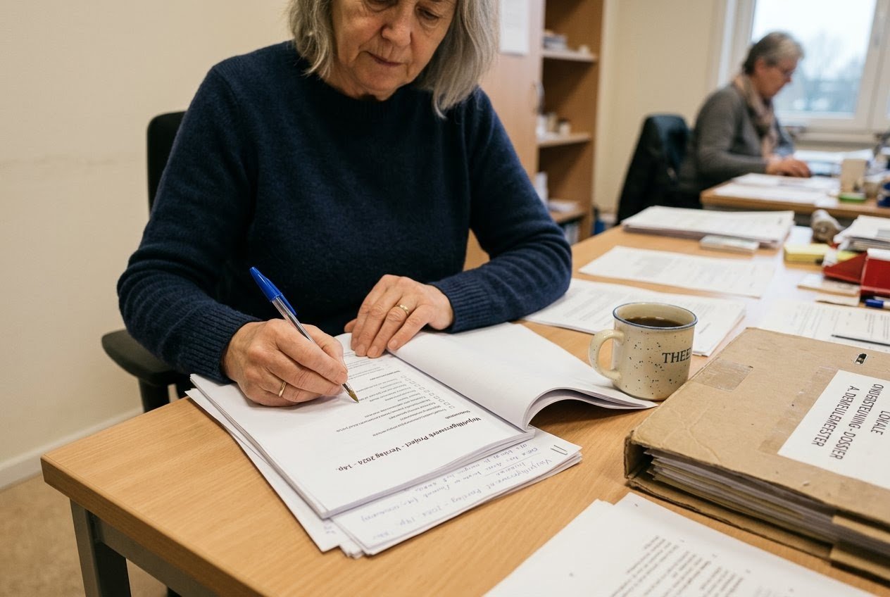 AI_IMAGE: Hands of a volunteer at a plain office table working through a stack of stapled paperwork with a ballpoint pen, a mug and a cardboard folder beside it, seen slightly from above. | document card image in a three-column grid of downloadable files | photorealistic | card-landscape