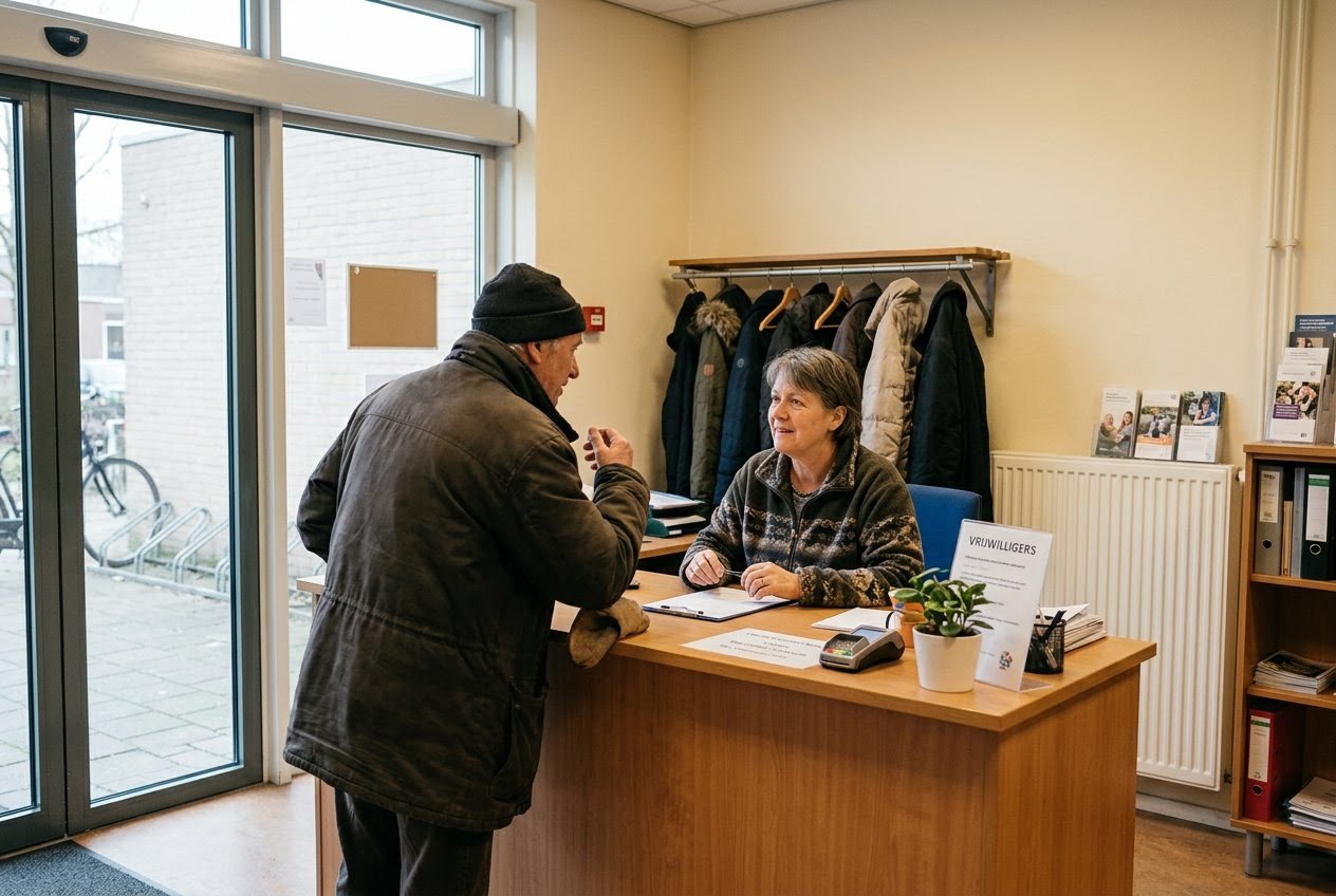 AI_IMAGE: A volunteer desk just inside the entrance of a neighbourhood building, a visitor leaning on the counter mid-conversation, coats and a radiator behind, daylight falling from a glass door at the left. | document card image in a three-column grid of downloadable files | photorealistic | card-landscape